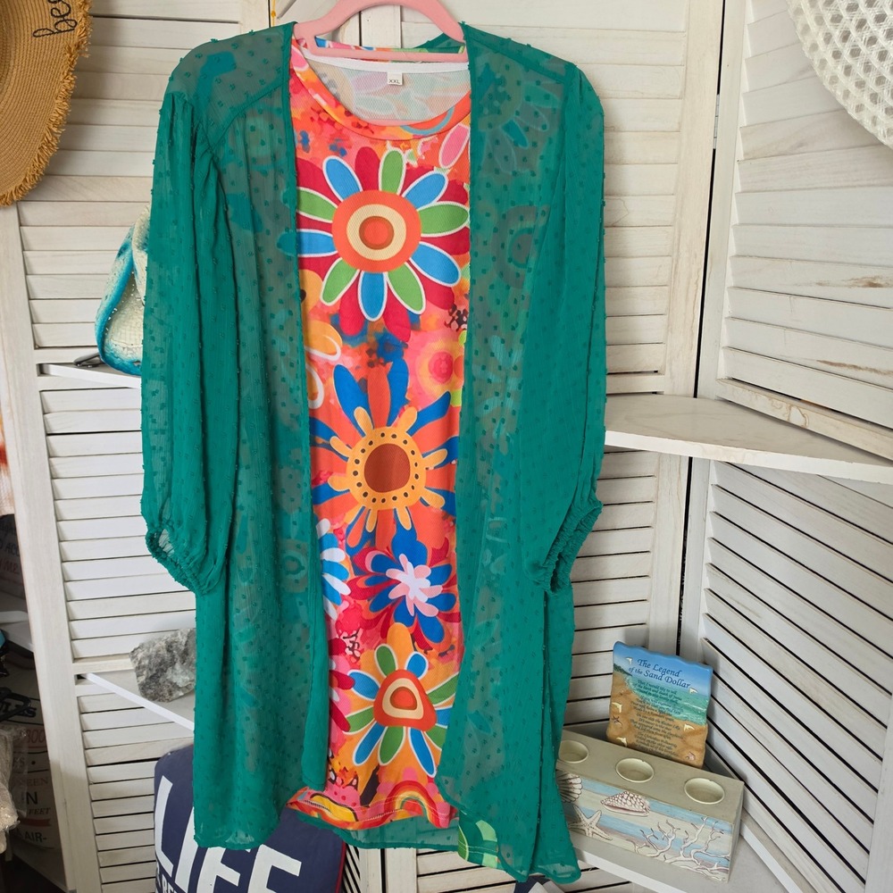 93. 1X SET Retro Festival Floral Dress & Sheer Green Cardigan | Boho, Groovy